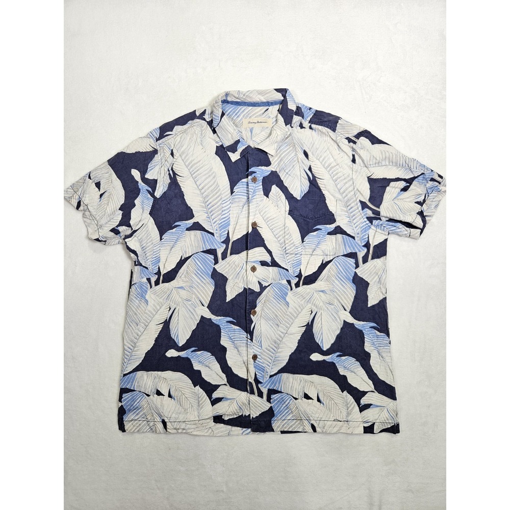 Tommy Bahama Shirt Mens Extra Large 100% Silk Camp Hawaiian Palm Floral Blue